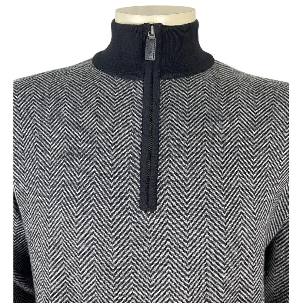 Cremieux Classics Zip Front Pullover in Gray/Black Chevron 100% Merino Wool Sz L